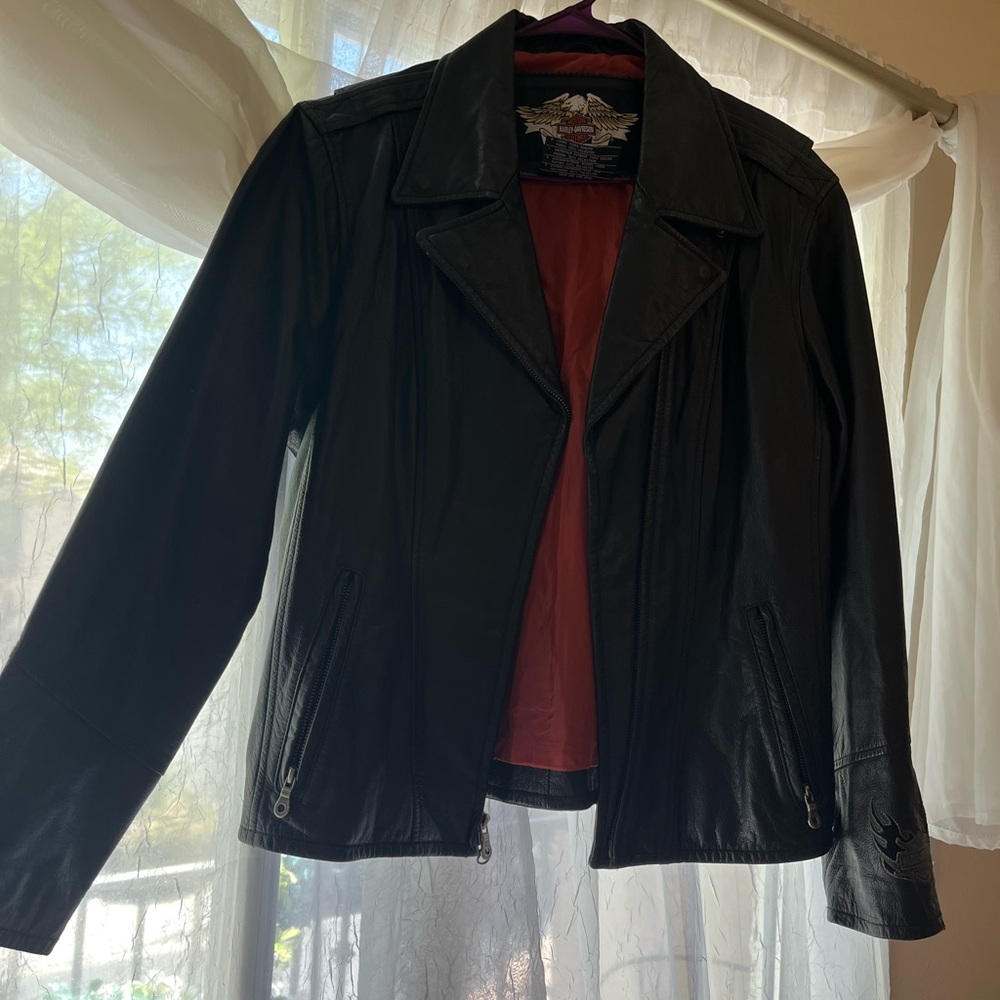 Harley Davidson Black Soft Leather Zip Front Studded Angel Wing Logo Jacket